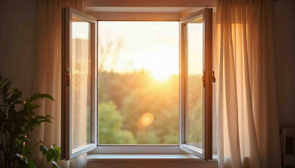Offenes Fenster mit wehenden Vorhängen – Symbol für richtiges Lüften zur Schimmelprävention