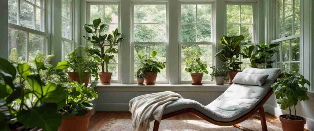 Große Zimmerpflanzen an einem hellen Fenster, die als natürlicher Sonnenschutz dienen