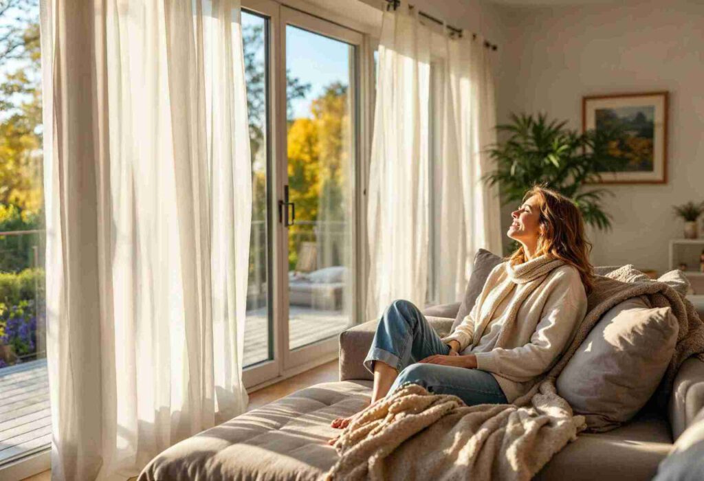 Helles Wohnzimmer mit leichten Vorhängen als Sichtschutz ohne Tageslichtverlust