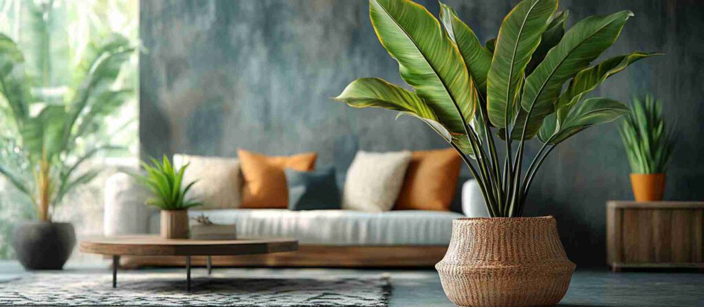 Modernes Wohnzimmer mit üppigen Grünpflanzen, die natürliche Kühlung und Luftreinigung symbolisieren