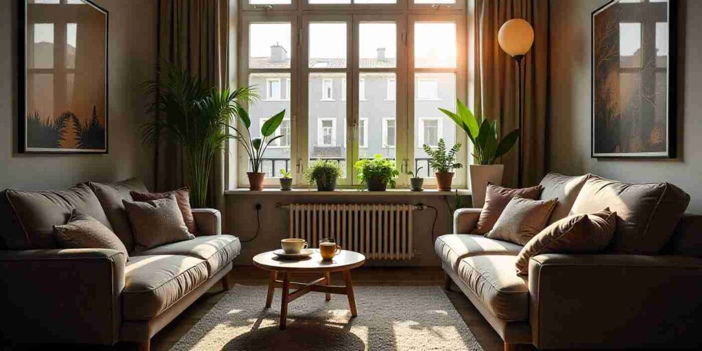Vergleich von Rollläden und Vorhängen im Wohnzimmer