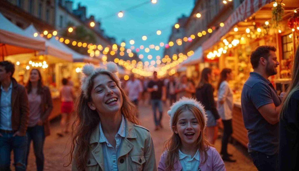 Fröhliche Besucher auf einem Straßenfest mit bunten Ständen