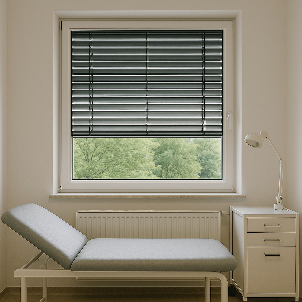 Arztpraxis in Berlin mit großem Fenster und außen angebrachten Raffstores Außenjalousien als Sicht- und Sonnenschutz