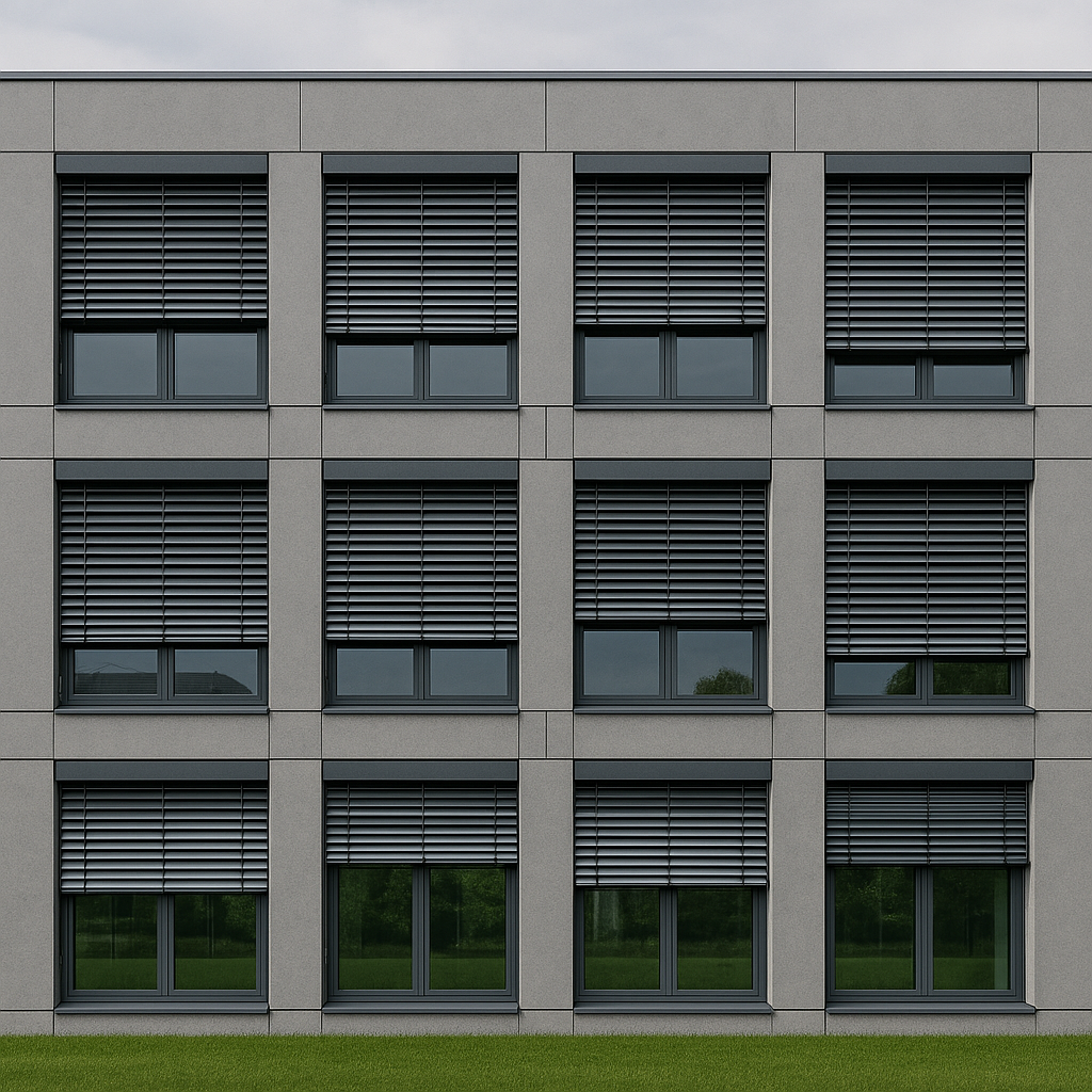 Modernes Bürogebäude in Berlin mit unterschiedlich eingestellten Außenjalousien / Raffstores an allen Fenstern