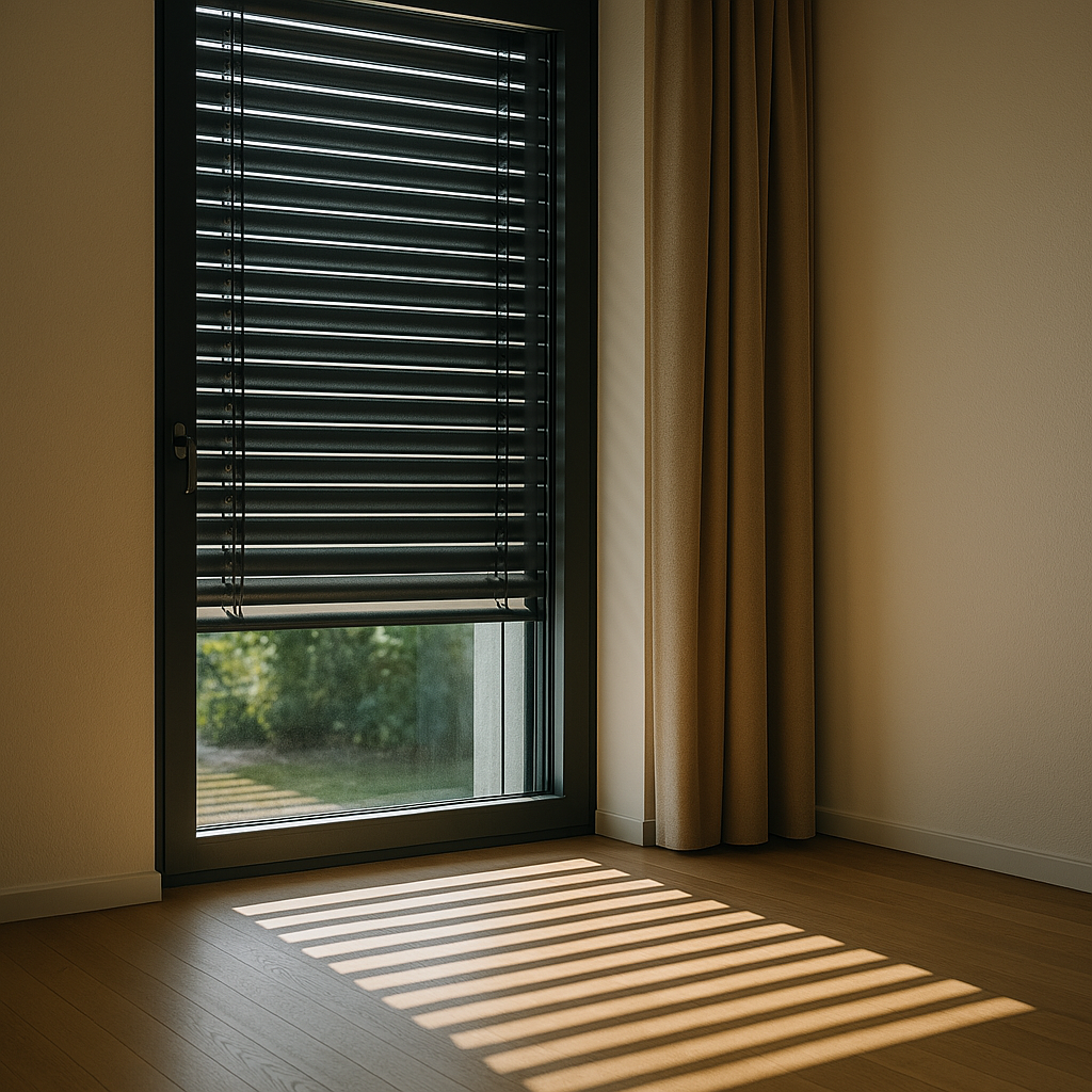 Sonnenstrahlen fallen durch außenliegende Jalousien in eine Berliner Wohnung und erzeugen ein Schattenspiel auf dem Boden