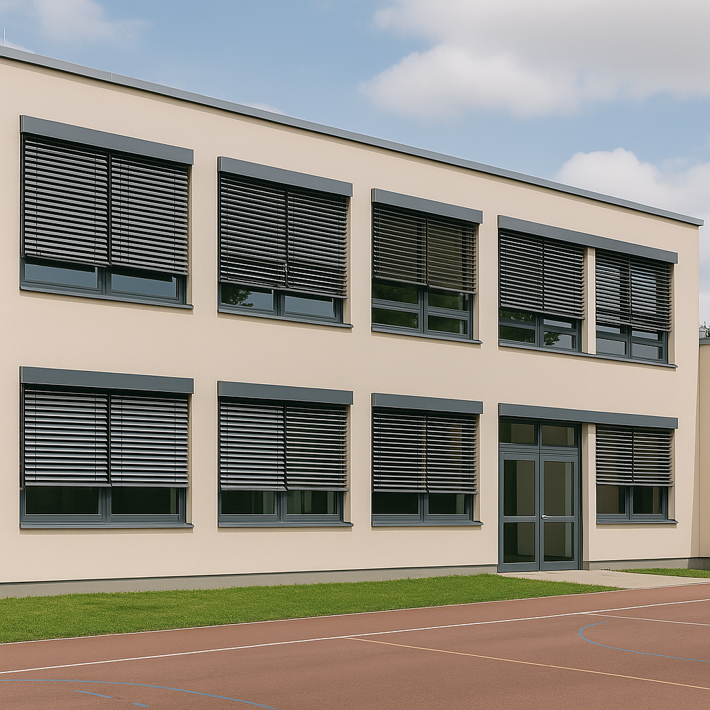 Moderne Schule in Berlin mit außen angebrachten Raffstores an allen Fenstern